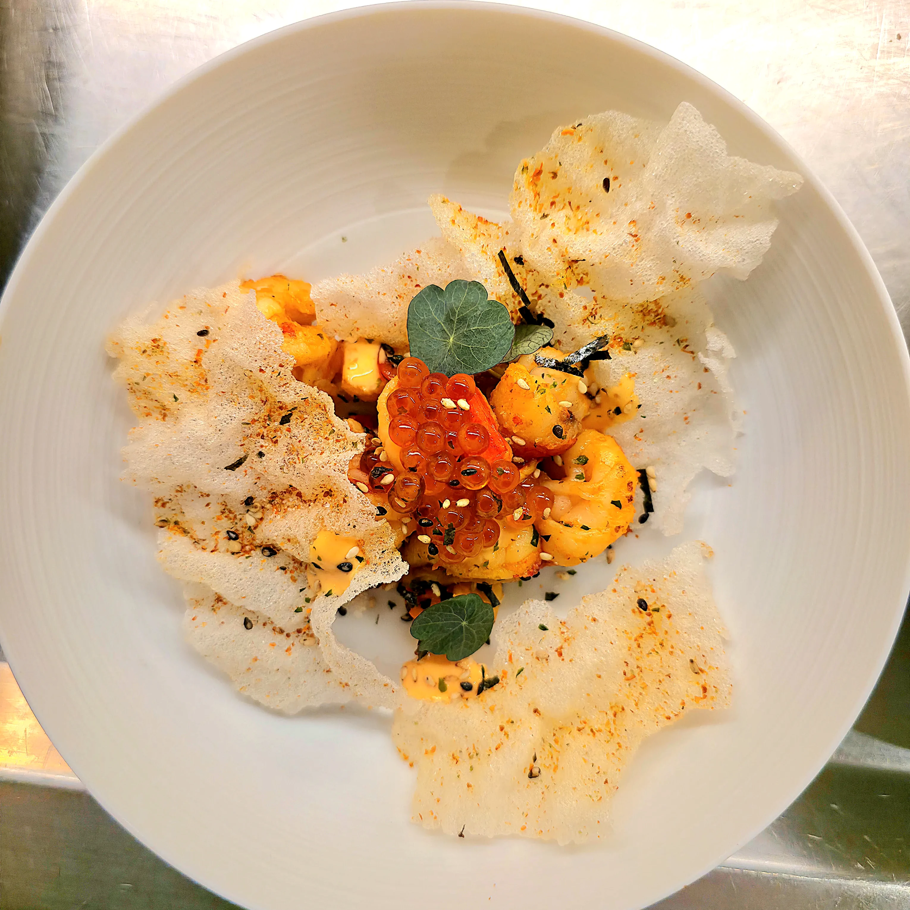 Lobster, rice cracker and ikura